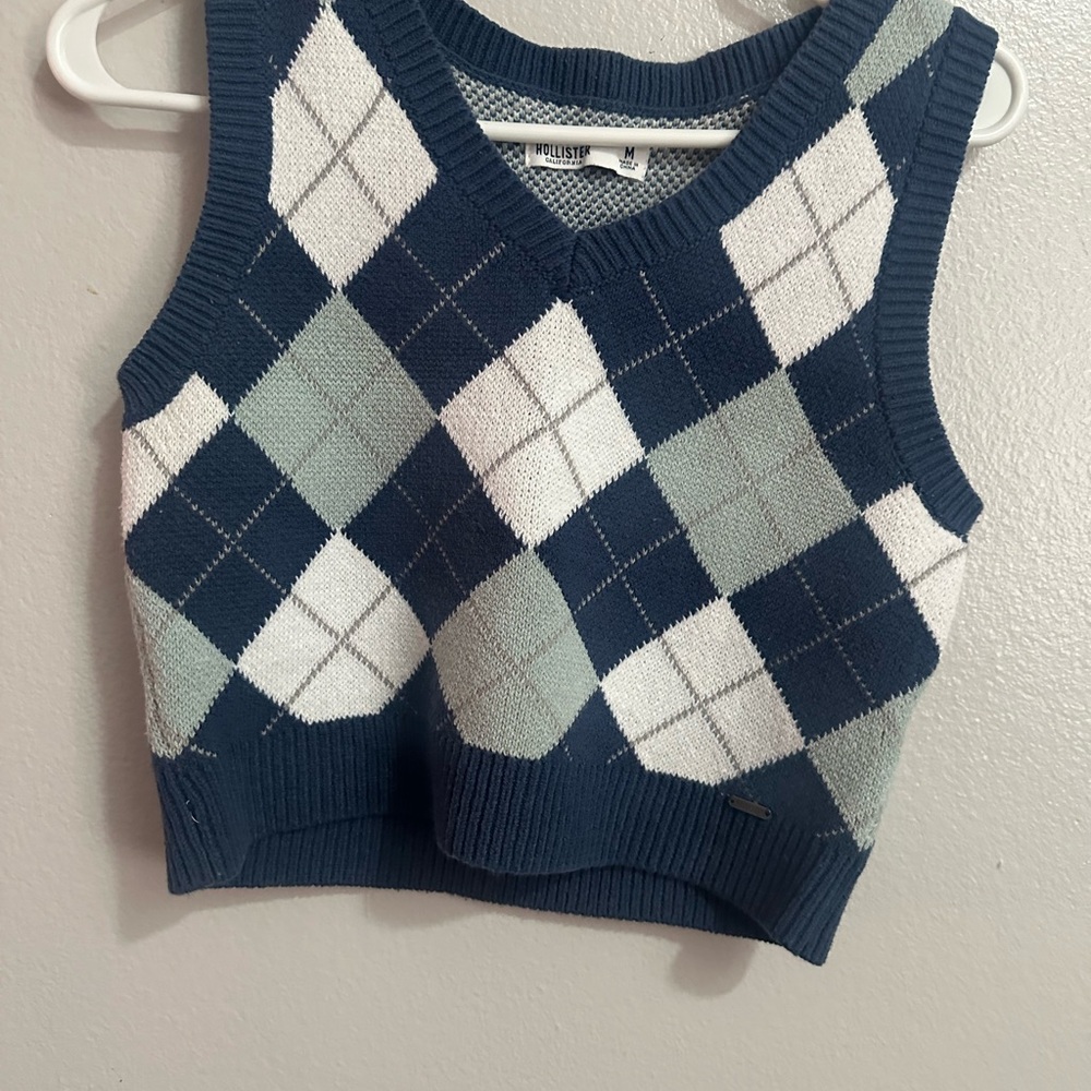 Hollister Navy, White & Light Green Argyle V-Neck Sweater Vest